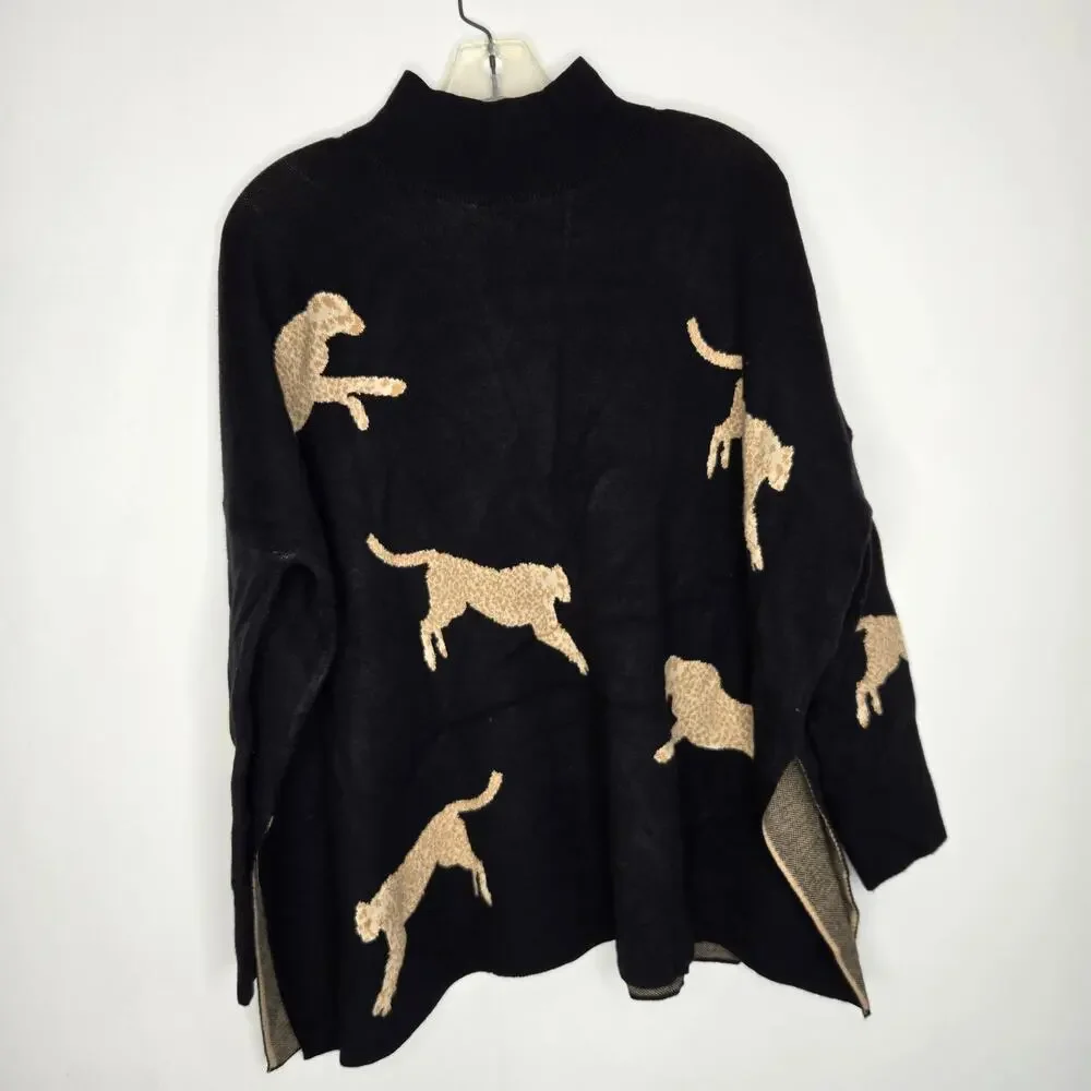 Entro Oversized Cheetah Sweater Black Mock Neck Novelty Animals Women Small